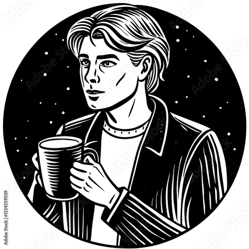 Person with a coffee cup enjoying a drink against a starry background