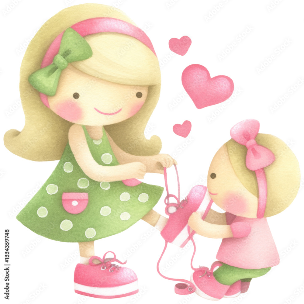 mother joyfully teaches her child to tie shoelaces, surrounded by hearts mother joyfully teaches her child to tie shoelaces, surrounded by hearts