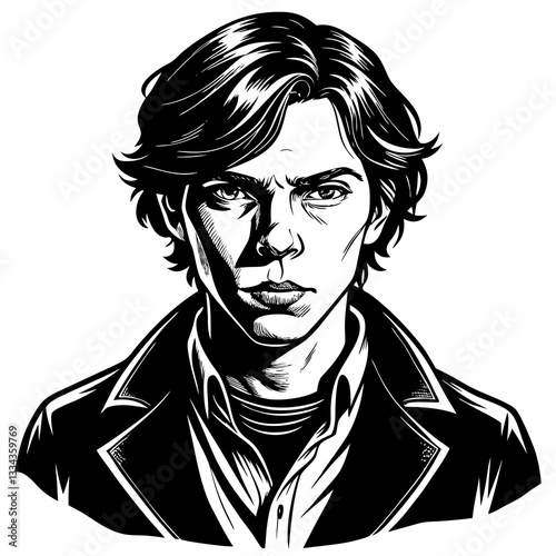 Person with a serious expression in black and white illustration