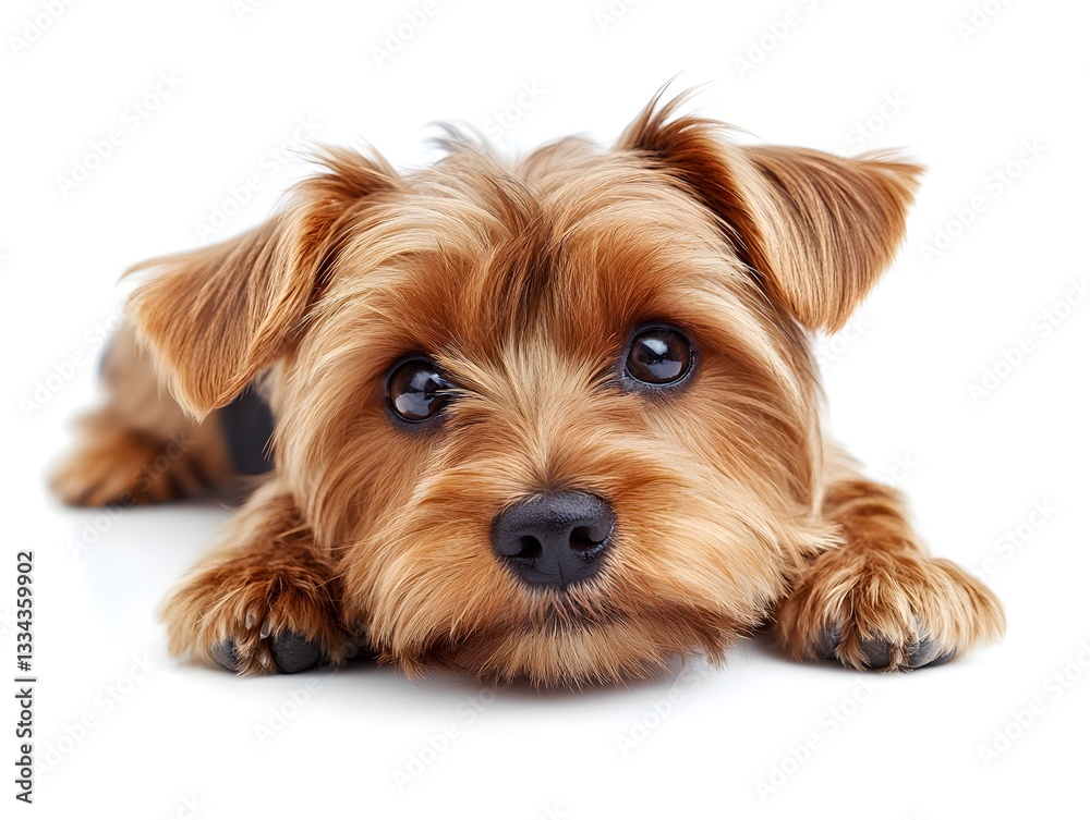 An adorable Yorkshire Terrier puppy lies down on a white background looking directly at the camera with big expressive eyes. An adorable Yorkshire Terrier puppy lies down on a white background looking directly at the camera with big expressive eyes.