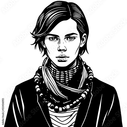 Person with colorful accessories looking confidently against white background