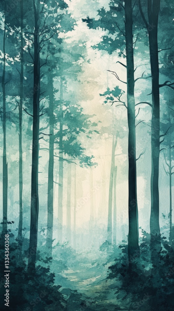 Obraz premium A tranquil and peaceful forest scene with tall trees bathed in soft, ethereal light filtering through mist and foliage, creating a serene woodland path