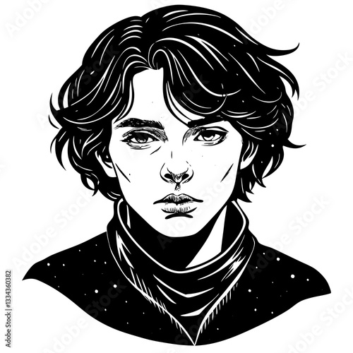 Person with soft features gazing thoughtfully against a dark background