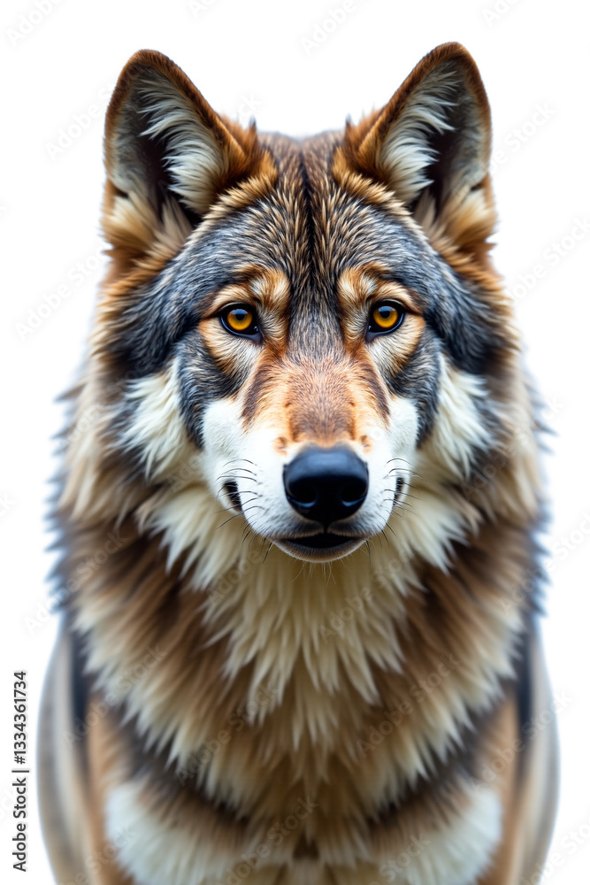 Obraz premium Gray wolf portrait, majestic stare, isolated on transparent background. Wildlife animal with intense gaze, golden eyes, detailed fur. Nature, conservation use.