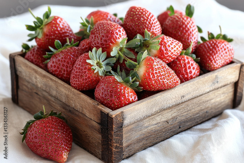 Fresh hand picked strawberries in rustic wooden box