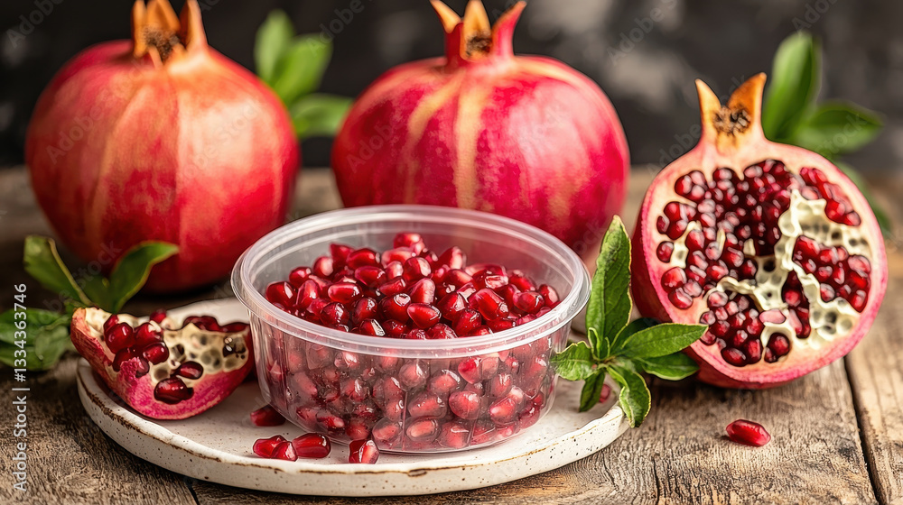 Fresh pomegranate seeds in bowl with whole fruits nearby Fresh pomegranate seeds in bowl with whole fruits nearby