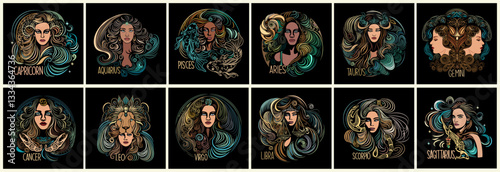 Zodiac signs set. Astrology horoscope art prints. Astrological contemporary symbols with magic female characters. Modern vector illustrations isolated on black background for poster, cards, t-shirt.