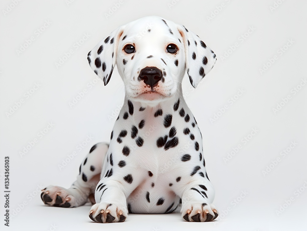An adorable Dalmatian puppy sits on a white background posing for a charming portrait photo showing its cute spots. An adorable Dalmatian puppy sits on a white background posing for a charming portrait photo showing its cute spots.