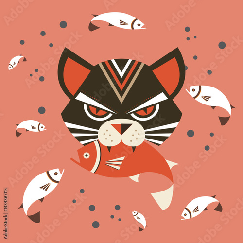Cute cat biting fish. Cartoon illustration of cute cat stealing fish with innocent face. Vector illustration