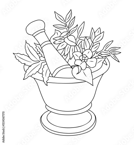 Mortar and pestle with Healing herbs line art vector illustration. Plants in wood bowl for grinding. Organic natural medicine, green pharmacy logo, sign, symbol isolated on transparent background.