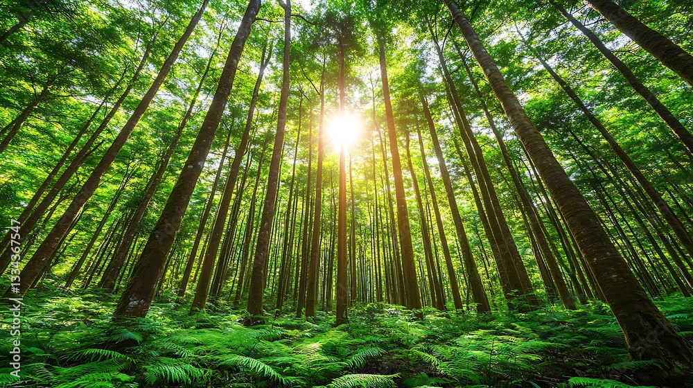 Sunlit forest with tall trees and ferns. Sunlit forest with tall trees and ferns.
