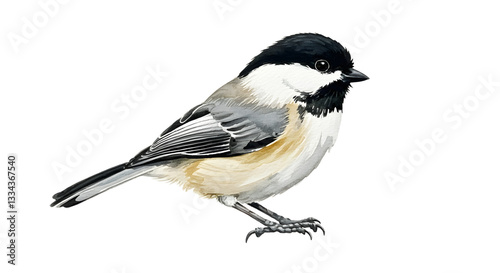 Watercolor Illustration of a Black-Capped Chickadee Bird on White Background