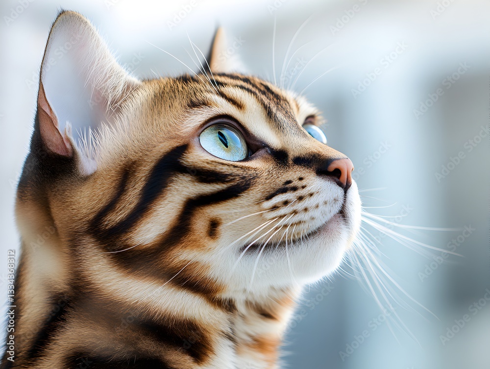 Naklejka premium A beautiful Bengal cat with striking blue eyes gazes intently upward showcasing its elegant spotted coat and delicate whiskers.