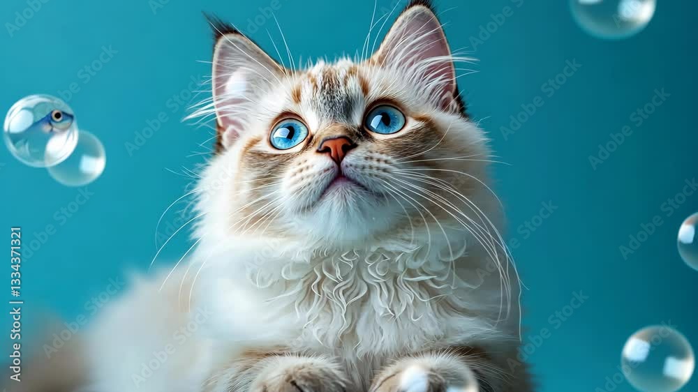 A kitten looks up at soap bubbles, creating an atmosphere of lightness and joy.