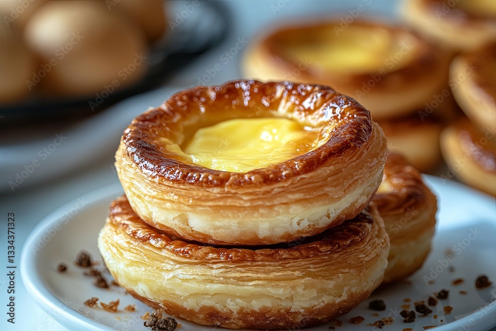Two delicious custard tarts are stacked on a white plate Two delicious custard tarts are stacked on a white plate