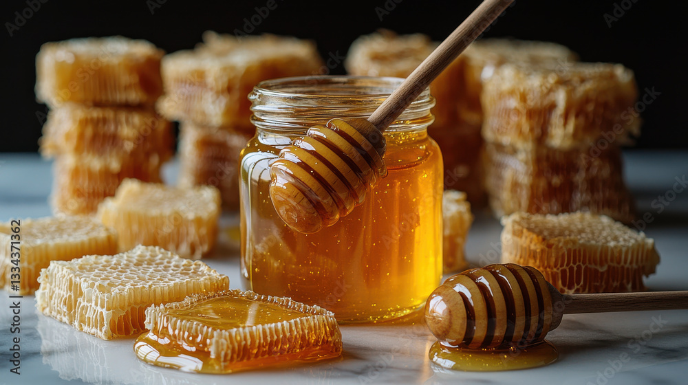 Golden honey in glass jar with honeycomb pieces around