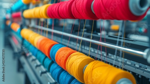 Yarn spools with vibrant colors organized on industrial textile machinery