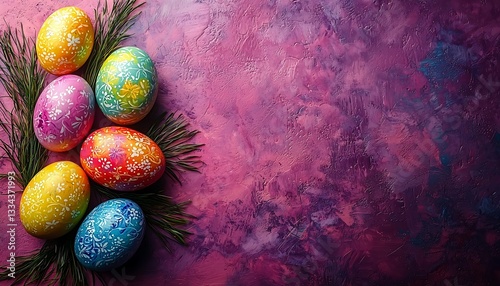 Beautifully decorated easter eggs arranged with fresh greenery on display