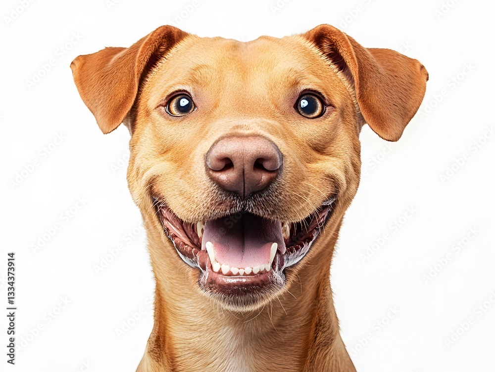 A happy light brown dog smiles broadly showing its teeth and pink tongue in a close-up studio shot against a white background. A happy light brown dog smiles broadly showing its teeth and pink tongue in a close-up studio shot against a white background.
