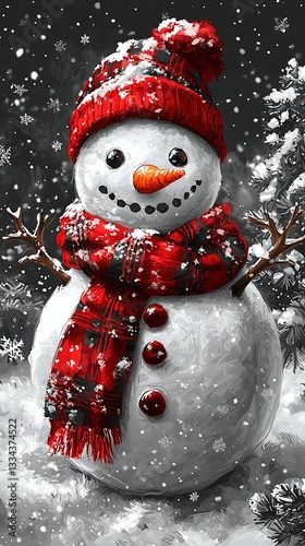 A friendly snowman wears a red hat and patterned scarf outside