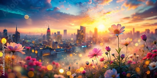 Abstract Double Exposure Art: Dreamlike Cityscape & Floral Bloom