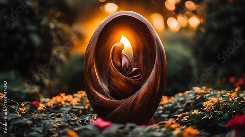 Wooden sculpture of mother and child at sunset.