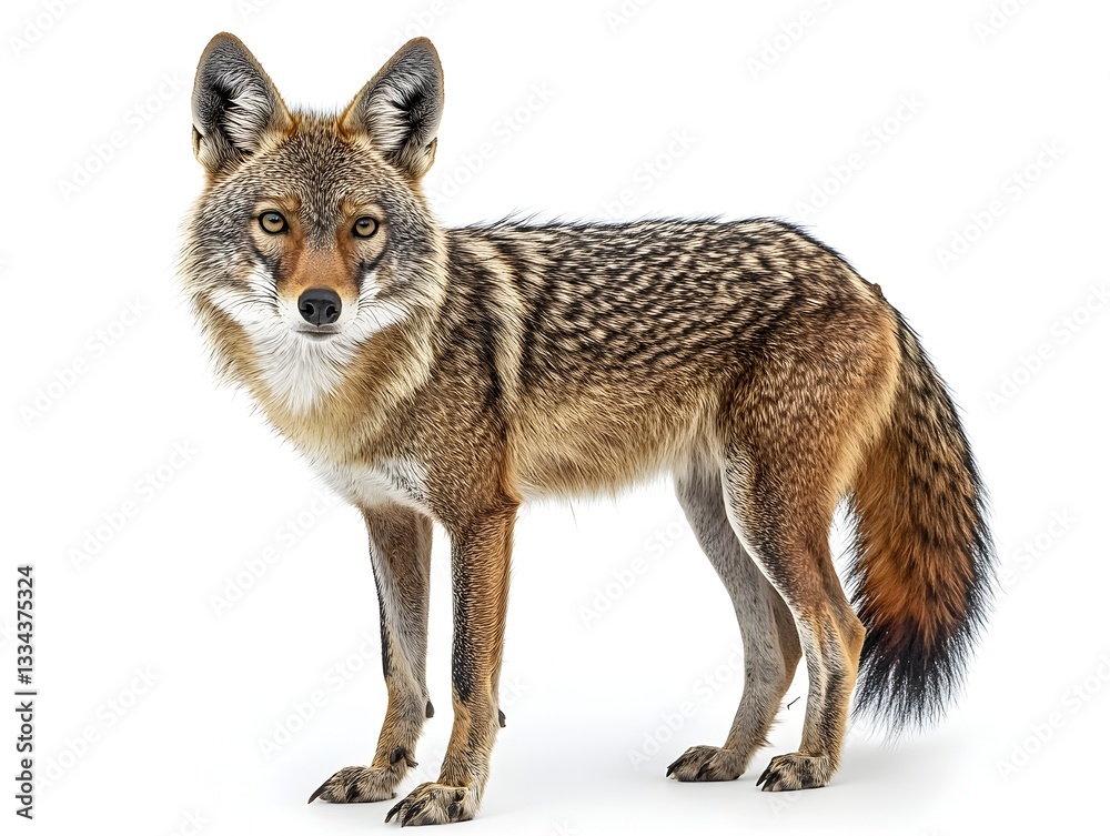 Obraz premium A majestic coyote stands alert against a pure white background showcasing its striking fur and intense gaze.