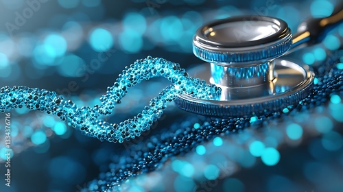A stethoscope examines a glowing strand of cellular genetic material
