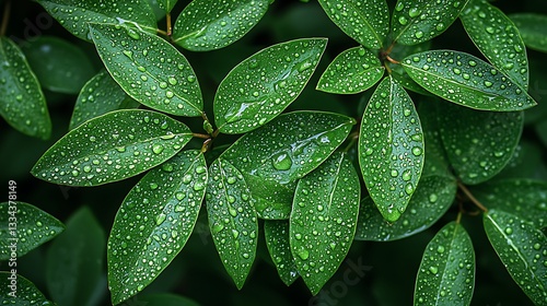 Close up of green leaves covered in water droplets