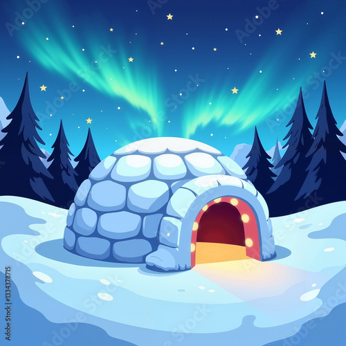 Igloo illuminated by northern lights in a snow-covered forest  