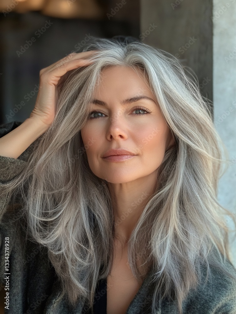 Beautiful mature woman touching gray hair with hand Beautiful mature woman touching gray hair with hand