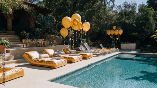 Outdoor celebration setup with golden balloons and lounge chairs by the pool