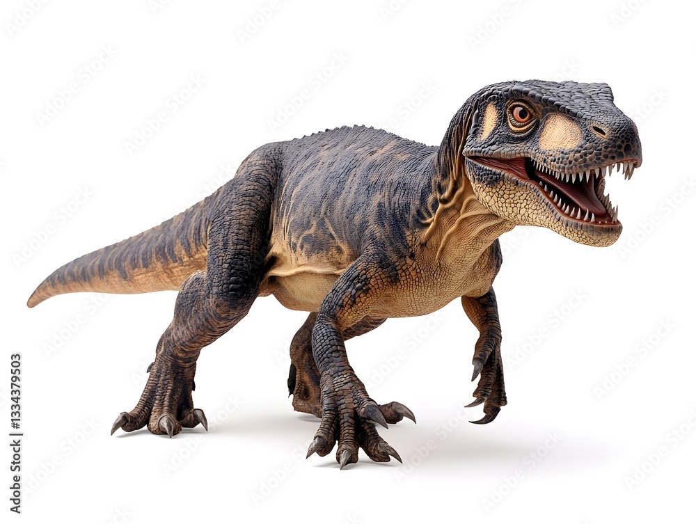 Naklejka premium A fearsome CGI rende of a young Baryonyx dinosaur walking forward on a white background, showcasing detailed scales and textures.