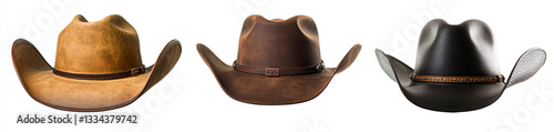 Three Distinct Cowboy Hat Styles on White Background