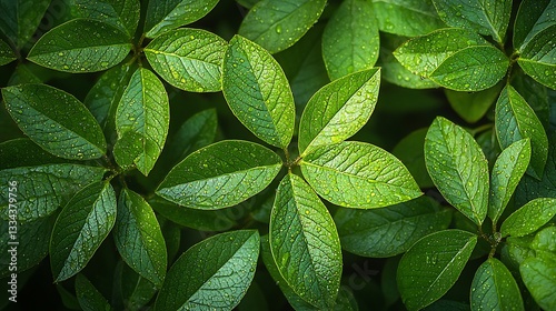 Lush green leaves covered with water droplets in closeup view