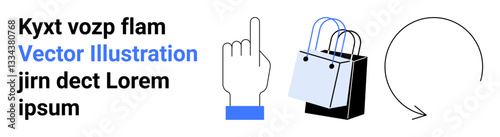 Hand pointing upward, two shopping bags, and a circular arrow indicating navigation or return. Ideal for e-commerce, user interface, shopping apps, online stores, navigation, customer journey flat