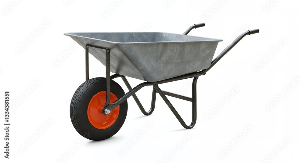 Metal Wheelbarrow with Orange Rim Ready for Gardening or Construction Metal Wheelbarrow with Orange Rim Ready for Gardening or Construction