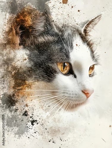 Obraz Abstract feline portrait with splattered paint effect showcasing graceful whiskers and focused eyes, animalistic art with a creative touch