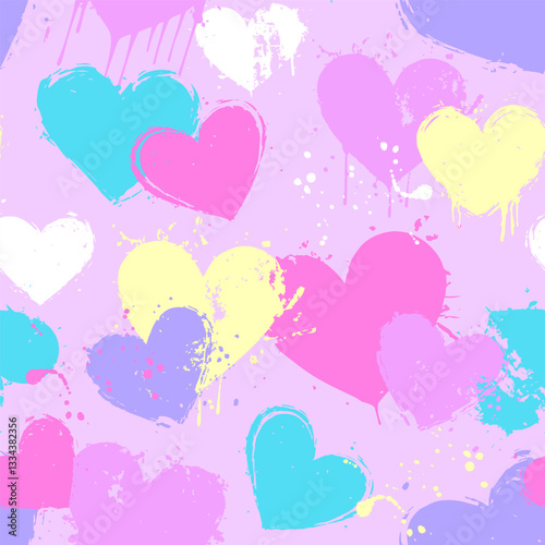 Abstract seamless pattern with grunge  hearts. Urban,brush, lines, sprays textures. Wallpaper for girls. Grunge background with bright neon colors hearts