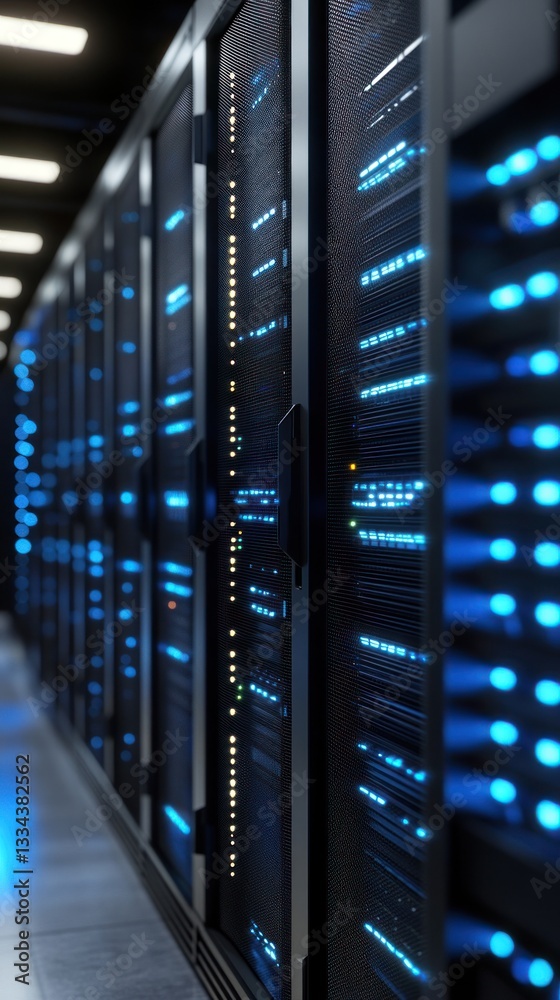A modern data center filled with rows of servers emitting blue lights, showcasing advanced technology and digital infrastructure A modern data center filled with rows of servers emitting blue lights, showcasing advanced technology and digital infrastructure