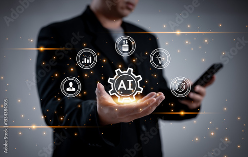 businessman use virtual display AI analytics and performance metrics. This advanced technology enables comprehensive data analysis, driving strategic decisions and innovation in modern business.