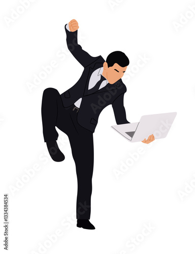 Young businessmen wearing formal outfit - suit and tie. Handsome male character standing and using laptop. Vector flat realistic illustration isolated on white background.