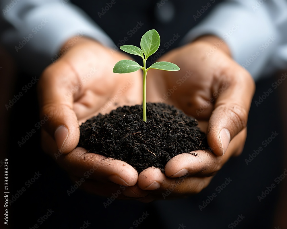 A person holding a small green plant growing in soil A person holding a small green plant growing in soil