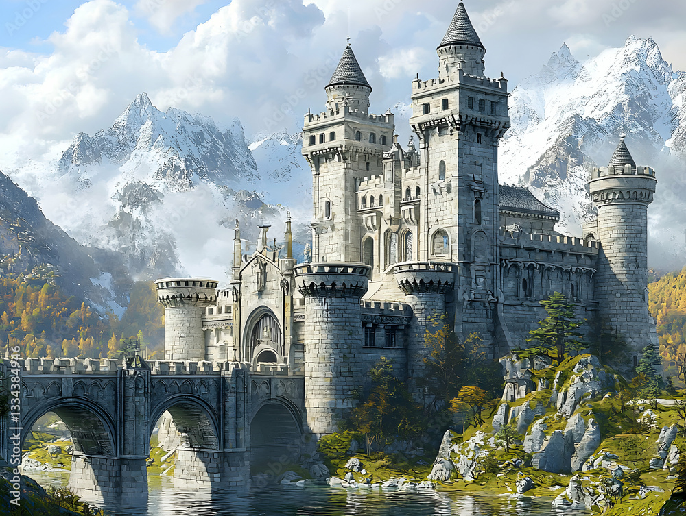 Fototapeta premium Majestic Castle with Bridge in Mountain Landscape Medieval Architecture