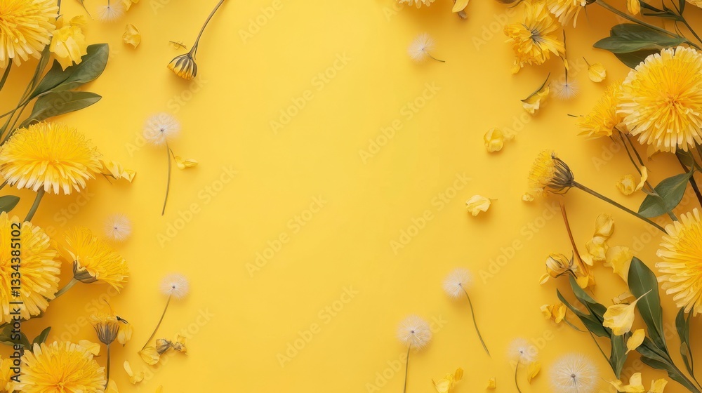 Fototapeta premium Yellow Floral Frame with Dandelions and Green Leaves on Yellow Background