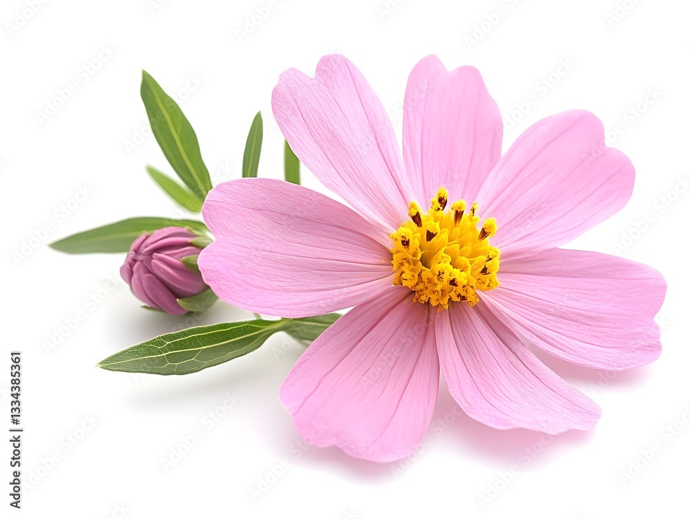 Fototapeta premium A delicate pink cosmos flower with unopened bud and green leaves isolated on a pure white background.