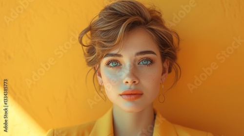 Beautiful Woman with Short Hair and Bright Blazer on Orange Background Rendering