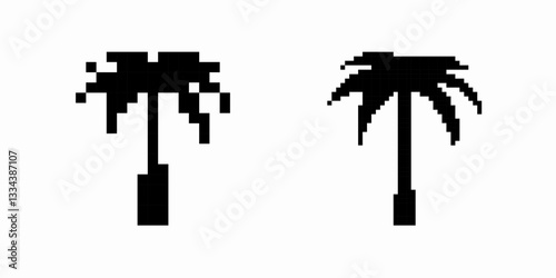 Two pixelated palm trees with distinct shapes. simplistic black and white design highlights tree forms.