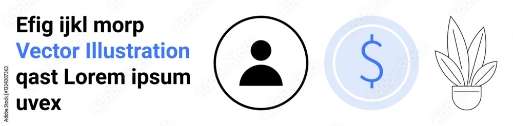 Black user profile icon, a blue circular dollar sign, and a simple line-drawn potted plant. Ideal for finance, business, personal account, savings, investment, minimal design flat landing page Black user profile icon, a blue circular dollar sign, and a simple line-drawn potted plant. Ideal for finance, business, personal account, savings, investment, minimal design flat landing page