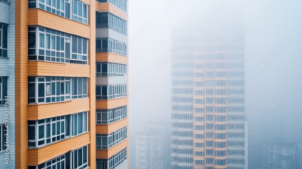 Naklejka premium PM2.5 Air Pollution Concept, High-Rise Apartments Shrouded in Haze from Air Pollution in Urban Environment